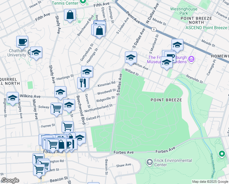 map of restaurants, bars, coffee shops, grocery stores, and more near 6676 Woodwell Street in Pittsburgh