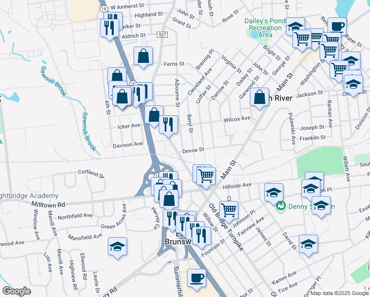map of restaurants, bars, coffee shops, grocery stores, and more near 67 Devoe Street in South River