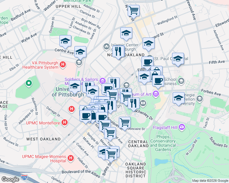 map of restaurants, bars, coffee shops, grocery stores, and more near in Pittsburgh