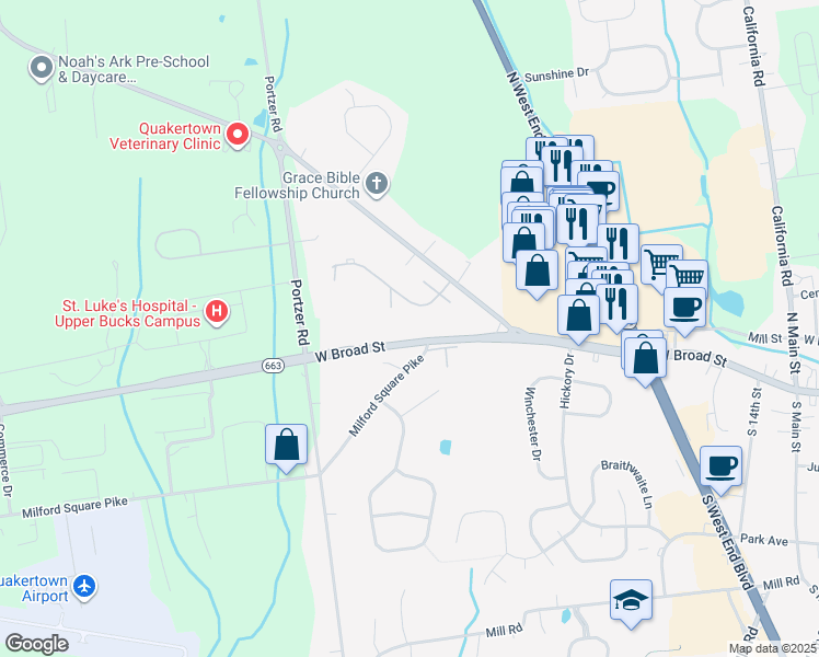 map of restaurants, bars, coffee shops, grocery stores, and more near 1803 John Fries Highway in Quakertown