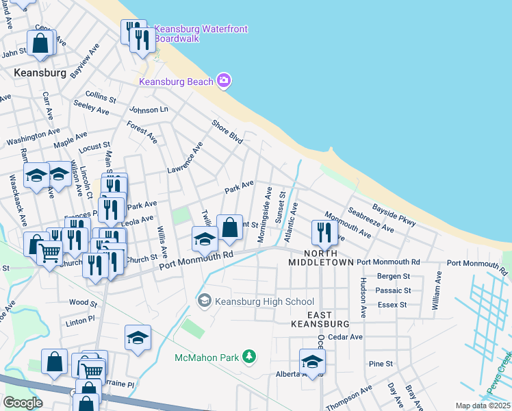 map of restaurants, bars, coffee shops, grocery stores, and more near 70 Beacon Boulevard in Keansburg