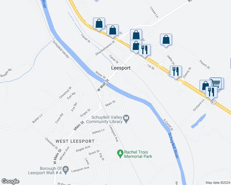 map of restaurants, bars, coffee shops, grocery stores, and more near 133 Main Street in Leesport
