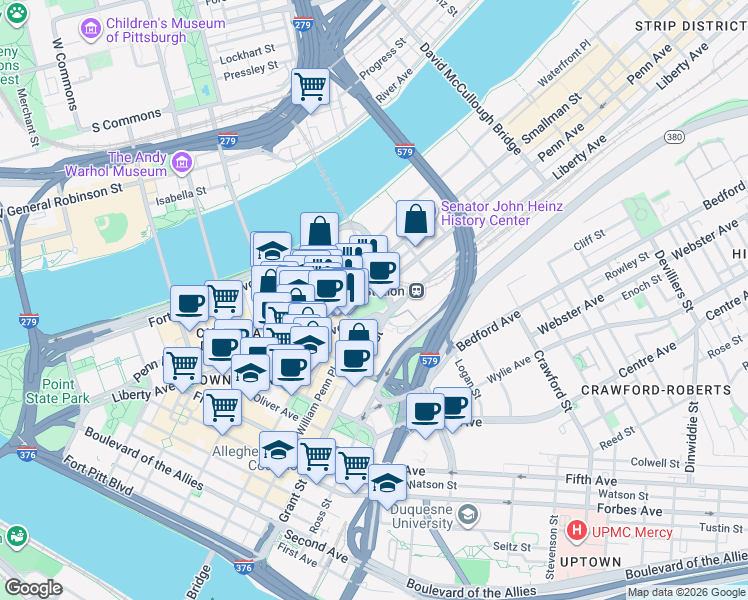 map of restaurants, bars, coffee shops, grocery stores, and more near 960 Penn Avenue in Pittsburgh