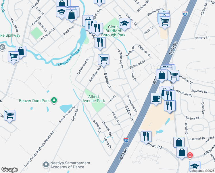 map of restaurants, bars, coffee shops, grocery stores, and more near 214 South Main Street in Milltown