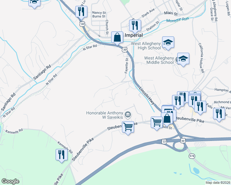 map of restaurants, bars, coffee shops, grocery stores, and more near 143 Valley View Road in Imperial