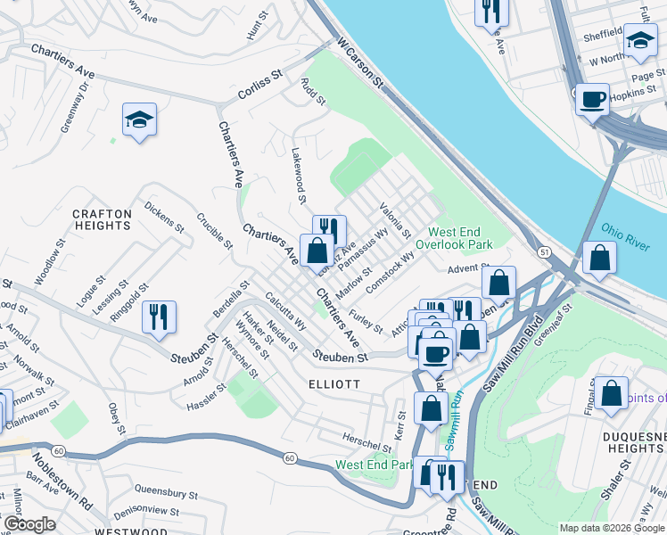 map of restaurants, bars, coffee shops, grocery stores, and more near 730 Lorenz Avenue in Pittsburgh