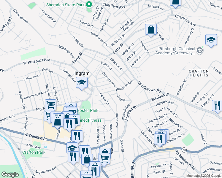 map of restaurants, bars, coffee shops, grocery stores, and more near 19 Hodgson Avenue in Pittsburgh