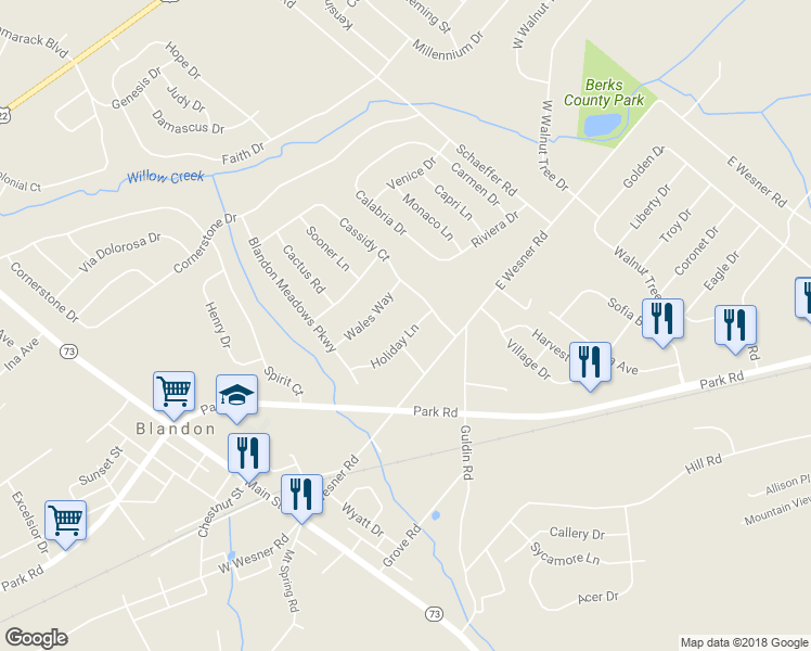 map of restaurants, bars, coffee shops, grocery stores, and more near 236 Holiday Lane in Blandon