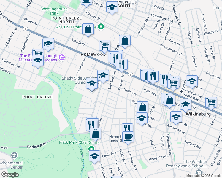 map of restaurants, bars, coffee shops, grocery stores, and more near 311 East End Avenue in Pittsburgh