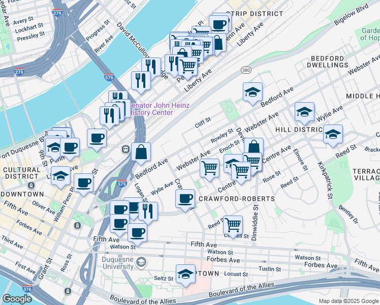 map of restaurants, bars, coffee shops, grocery stores, and more near 40 Manilla Street in Pittsburgh