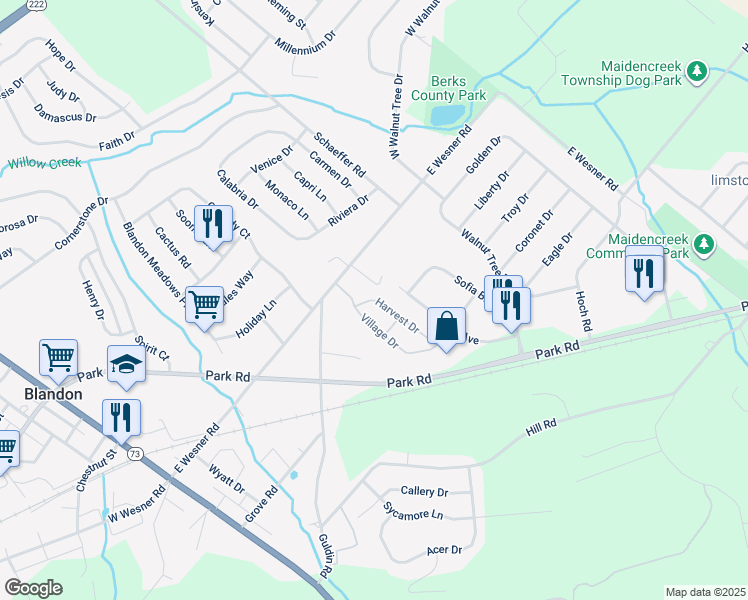 map of restaurants, bars, coffee shops, grocery stores, and more near 526 Harvest Drive in Blandon