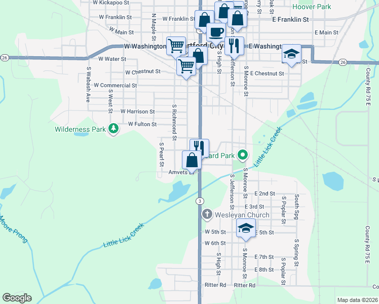 map of restaurants, bars, coffee shops, grocery stores, and more near 801 South Cherry Street in Hartford City