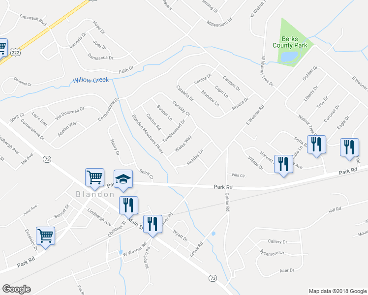 map of restaurants, bars, coffee shops, grocery stores, and more near 221 Wales Way in Blandon