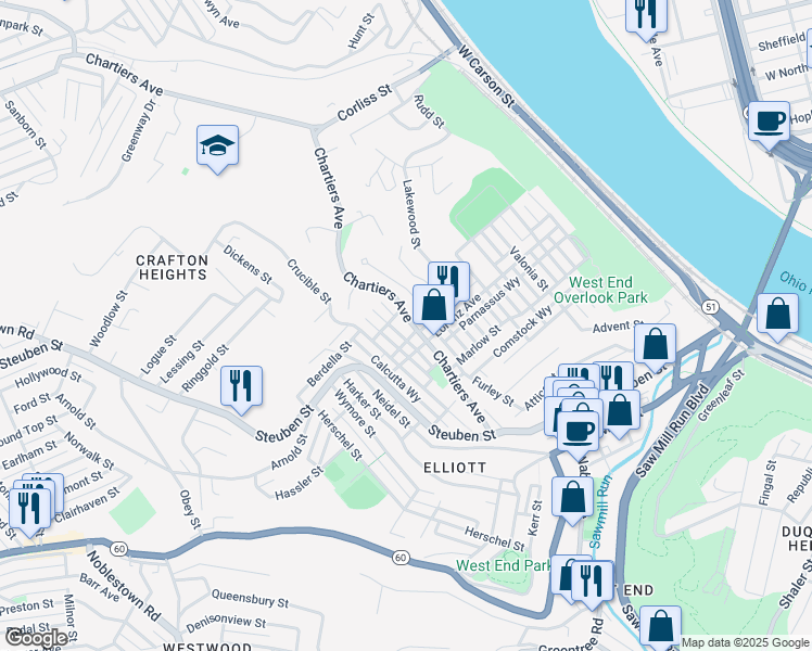 map of restaurants, bars, coffee shops, grocery stores, and more near 1023 Chartiers Avenue in Pittsburgh
