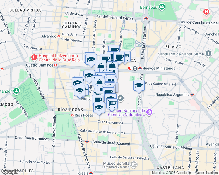 map of restaurants, bars, coffee shops, grocery stores, and more near 16 Calle María Panes in Madrid