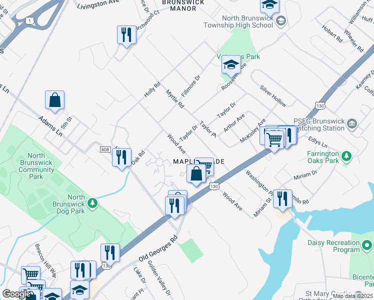 map of restaurants, bars, coffee shops, grocery stores, and more near 507 Wood Avenue in North Brunswick Township