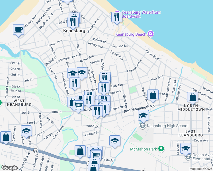 map of restaurants, bars, coffee shops, grocery stores, and more near 210 Main Street in Keansburg