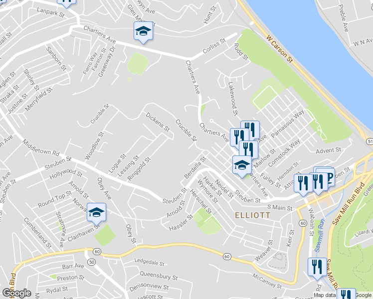 map of restaurants, bars, coffee shops, grocery stores, and more near 1202 Wilton Way in Pittsburgh