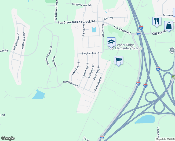 map of restaurants, bars, coffee shops, grocery stores, and more near 2808 Scarborough Street in Bloomington