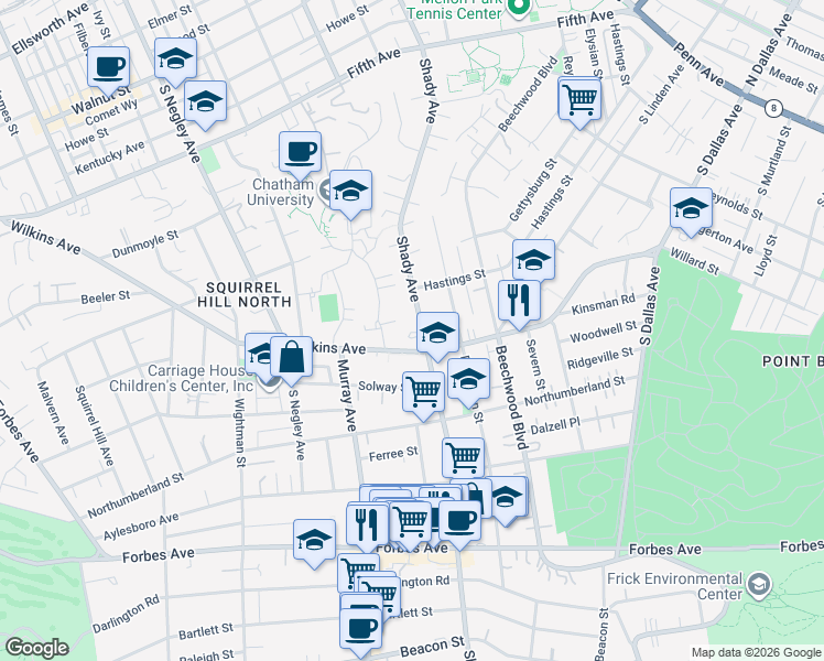 map of restaurants, bars, coffee shops, grocery stores, and more near 1336 Shady Avenue in Pittsburgh