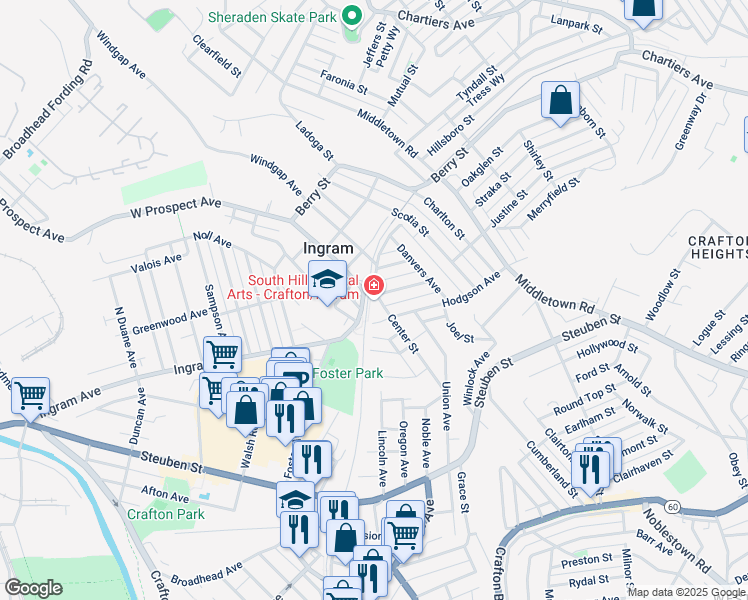map of restaurants, bars, coffee shops, grocery stores, and more near 2725 Center Street in Pittsburgh