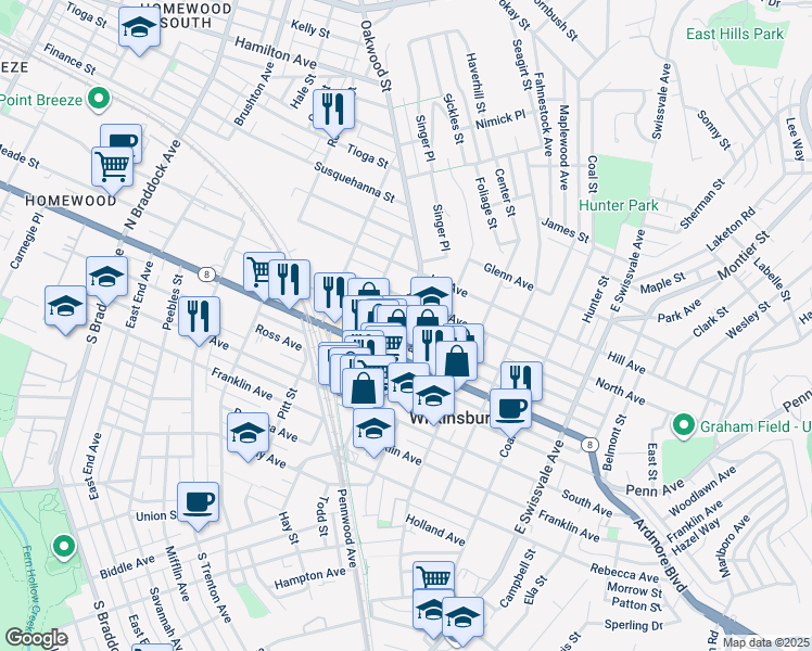 map of restaurants, bars, coffee shops, grocery stores, and more near 1100 Wood Street in Pittsburgh
