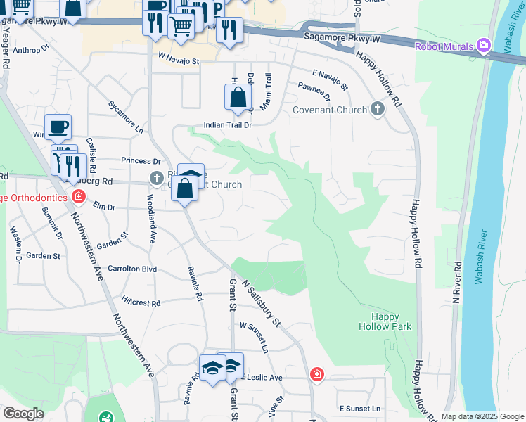 map of restaurants, bars, coffee shops, grocery stores, and more near 112 Mohican Court in West Lafayette