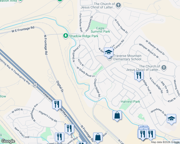 map of restaurants, bars, coffee shops, grocery stores, and more near 2769 West Shady Hollow Lane in Lehi