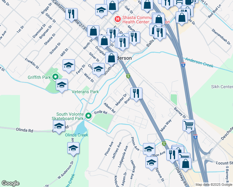 map of restaurants, bars, coffee shops, grocery stores, and more near in Anderson