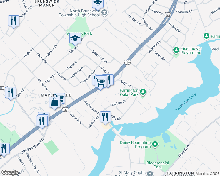 map of restaurants, bars, coffee shops, grocery stores, and more near 1592 U.S. 130 in North Brunswick Township