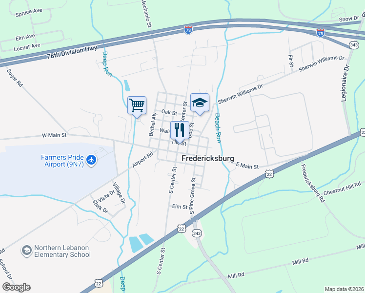 map of restaurants, bars, coffee shops, grocery stores, and more near 102 West Main Street in Fredericksburg