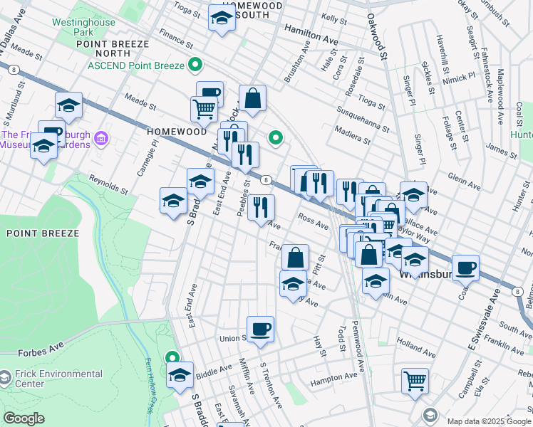 map of restaurants, bars, coffee shops, grocery stores, and more near 215 South Trenton Avenue in Pittsburgh