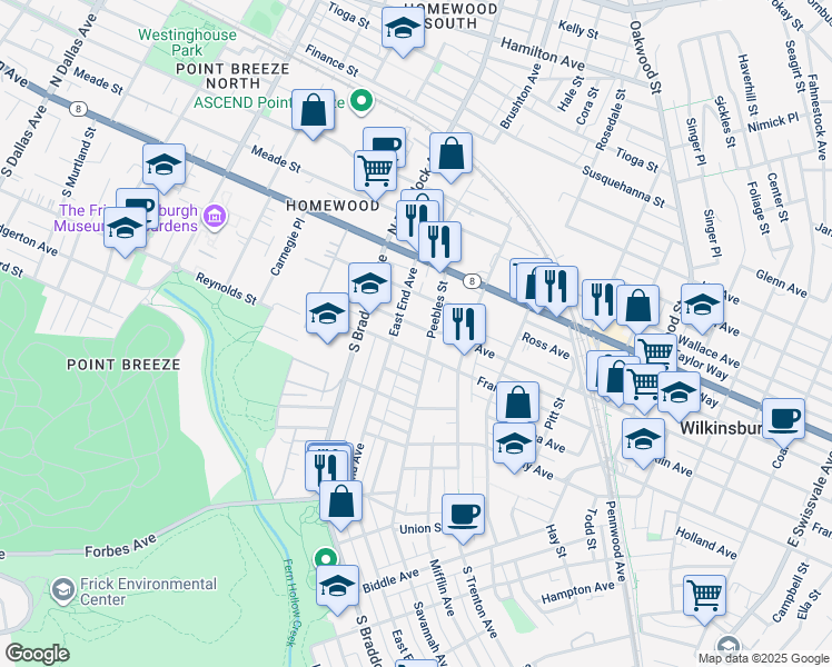 map of restaurants, bars, coffee shops, grocery stores, and more near 311 East End Avenue in Pittsburgh