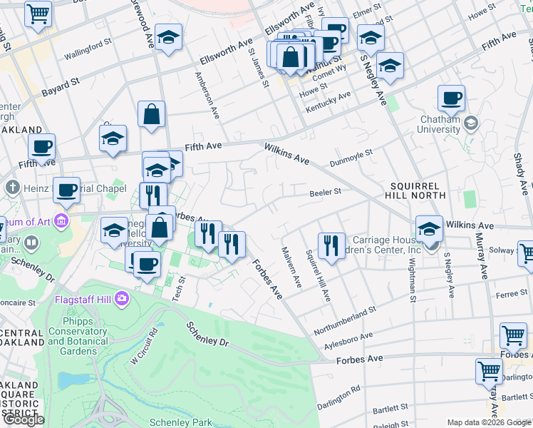 map of restaurants, bars, coffee shops, grocery stores, and more near 5162 Beeler Street in Pittsburgh