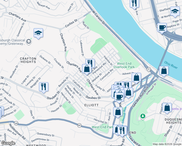 map of restaurants, bars, coffee shops, grocery stores, and more near 730 Lorenz Avenue in Pittsburgh