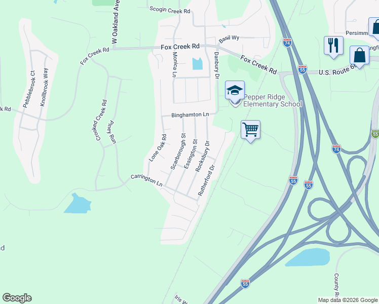 map of restaurants, bars, coffee shops, grocery stores, and more near 2808 Scarborough Street in Bloomington