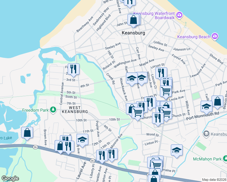 map of restaurants, bars, coffee shops, grocery stores, and more near 177 Creek Road in Keansburg