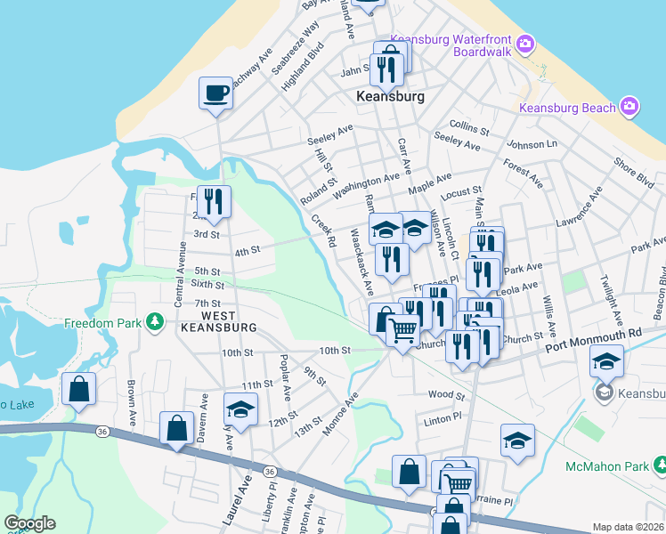 map of restaurants, bars, coffee shops, grocery stores, and more near 177 Creek Road in Keansburg