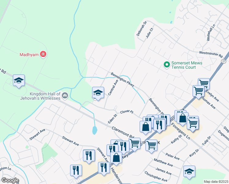map of restaurants, bars, coffee shops, grocery stores, and more near 31 Central Avenue in Franklin Township