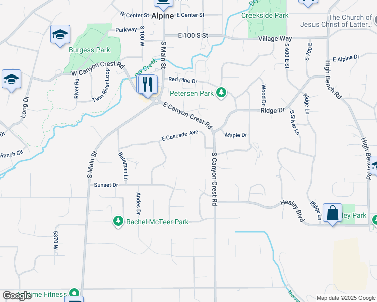 map of restaurants, bars, coffee shops, grocery stores, and more near 596 South Cascade Court in Alpine