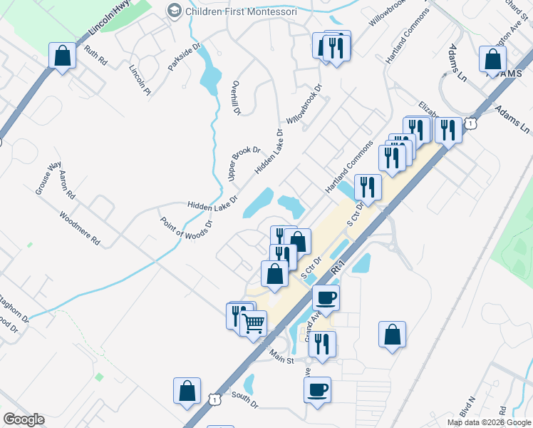 map of restaurants, bars, coffee shops, grocery stores, and more near 305 Wimbeldon Court in North Brunswick Township