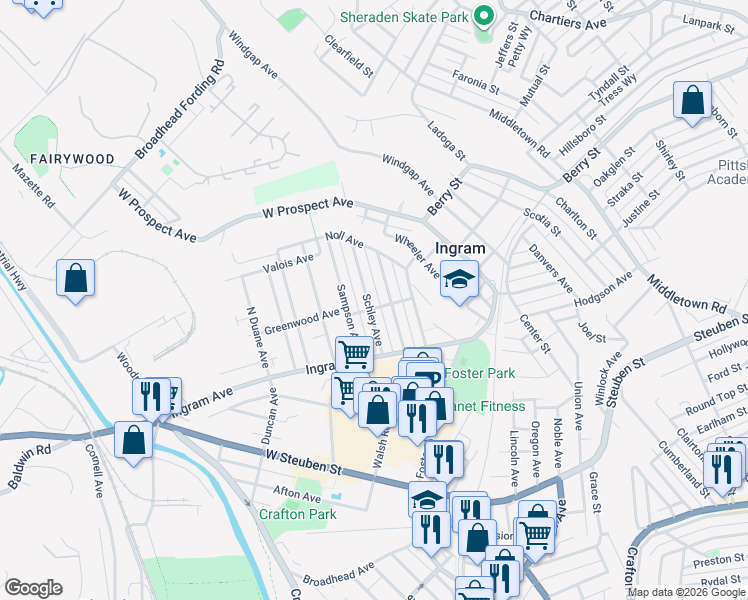 map of restaurants, bars, coffee shops, grocery stores, and more near 70 Schley Avenue in Pittsburgh