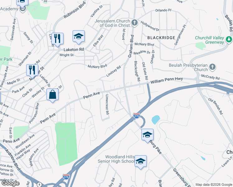 map of restaurants, bars, coffee shops, grocery stores, and more near 2100 William Penn Highway in Pittsburgh
