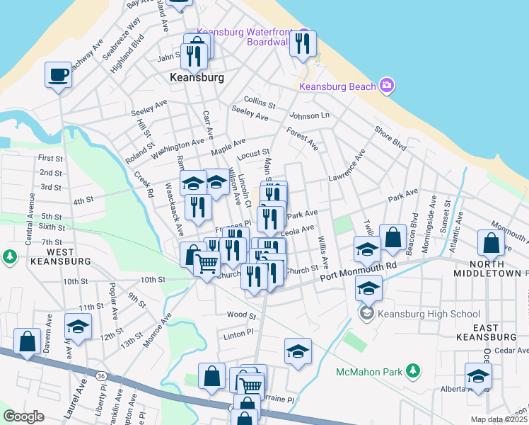 map of restaurants, bars, coffee shops, grocery stores, and more near 213 Main Street in Keansburg