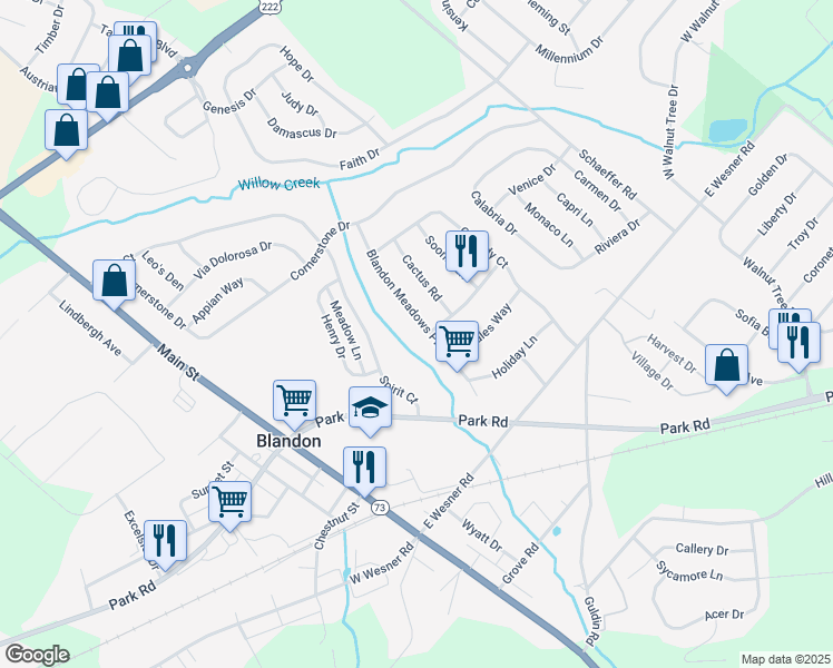 map of restaurants, bars, coffee shops, grocery stores, and more near 350 Blandon Meadows Parkway in Blandon