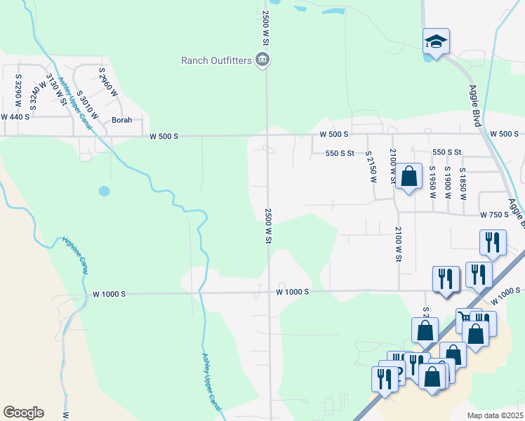 map of restaurants, bars, coffee shops, grocery stores, and more near 742 S 2500 W in Vernal