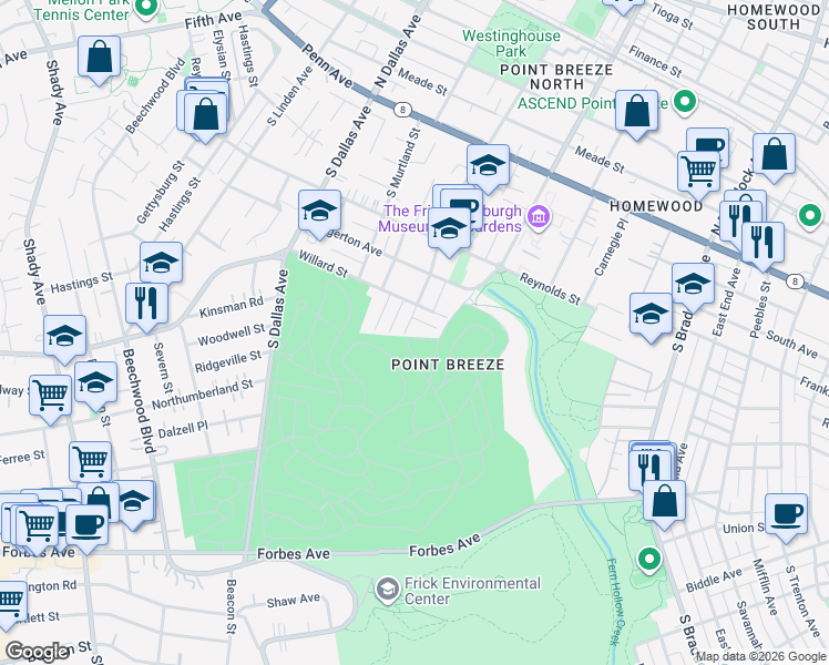 map of restaurants, bars, coffee shops, grocery stores, and more near 623 South Lang Avenue in Pittsburgh