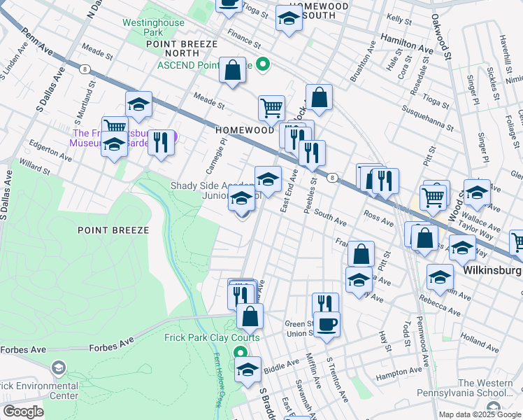 map of restaurants, bars, coffee shops, grocery stores, and more near 401 South Braddock Avenue in Pittsburgh