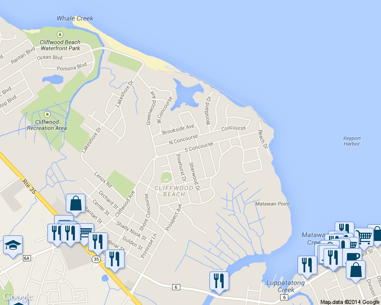 map of restaurants, bars, coffee shops, grocery stores, and more near 304 Sherwood Drive in Keyport