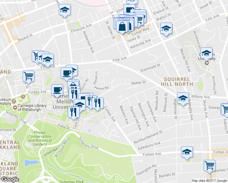 map of restaurants, bars, coffee shops, grocery stores, and more near 5162 Beeler Street in Pittsburgh